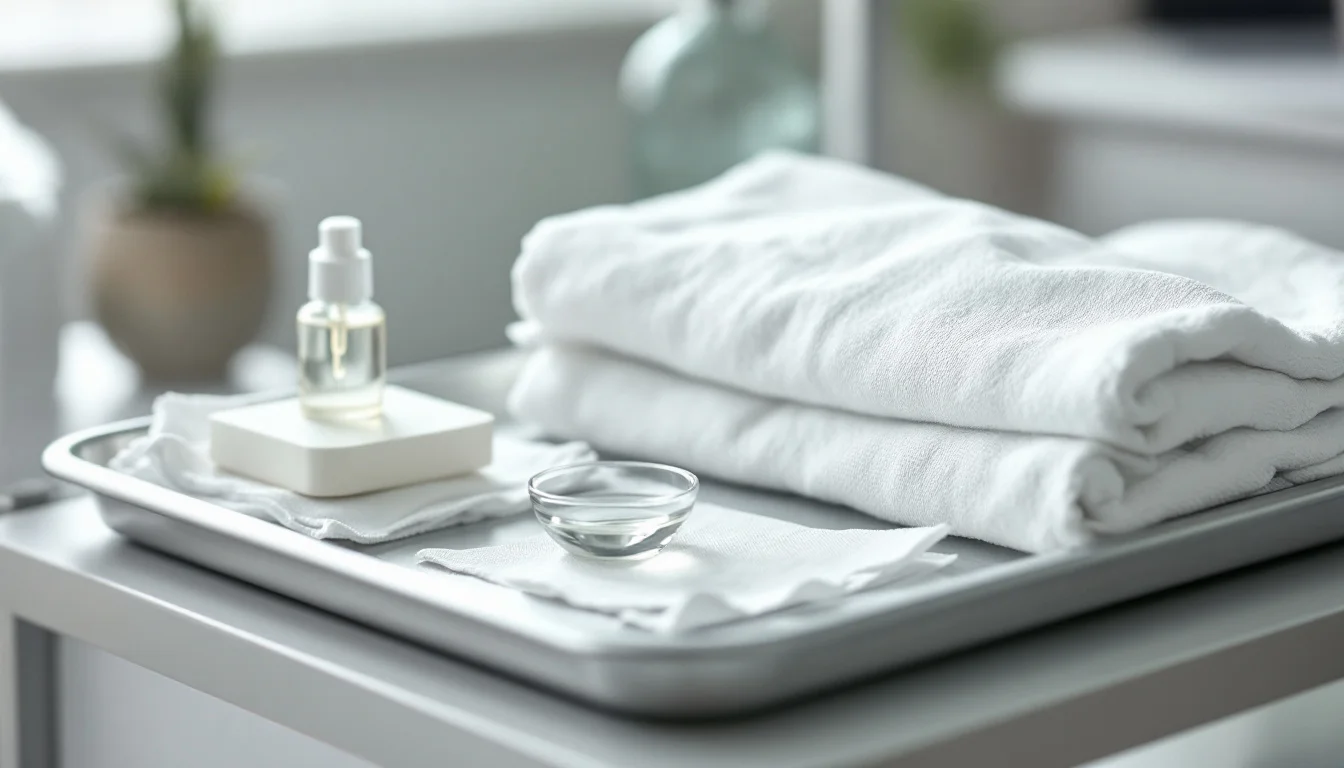 Clinic trolley with towels and serum prepared for a microneedling treatment in Brentford Clinic trolley with towels and serum prepared for a microneedling treatment in Brentford