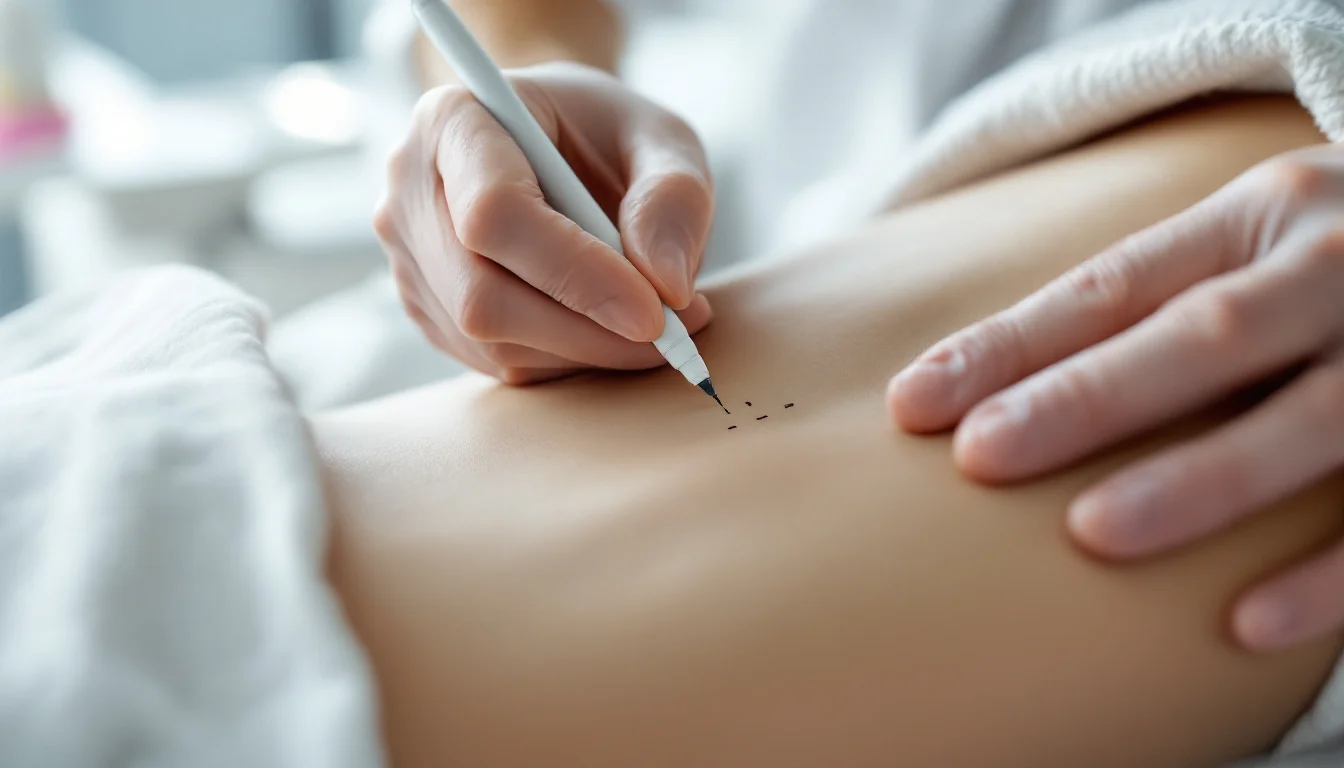Fat Dissolving Injections Brentford - Close documentary photograph of a gloved practitioner's hands drawing a neat dot Practitioner marking dots on a client's abdomen with a skin pen before fat dissolving injections