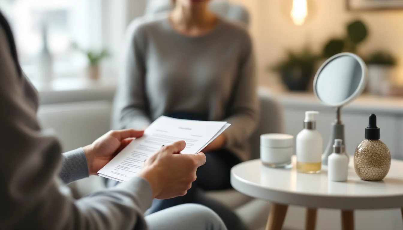 Dermal Fillers Ealing - Photo-real documentary editorial photograph of a filler consultation in a quiet Practitioner reviewing dermal filler consultation notes with a client beside skincare products and a mirror