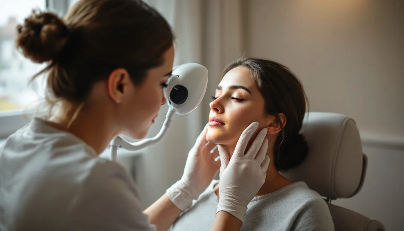 Practitioner in gloves examining a client's skin before microneedling Practitioner in gloves examining a client's skin before microneedling
