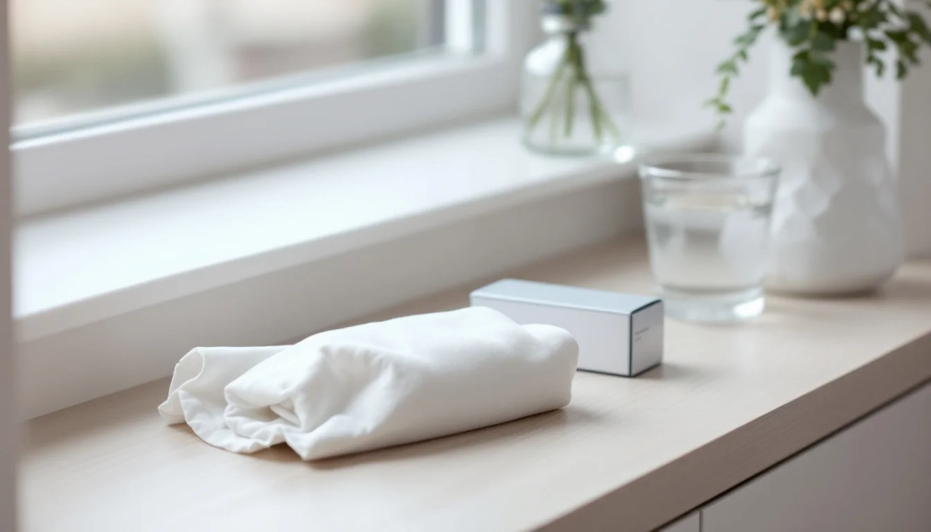Dermal Fillers Ealing - Photo-real documentary editorial photograph of a dermal filler aftercare setup i A folded white towel, small box and glass of water in a calm treatment room setting